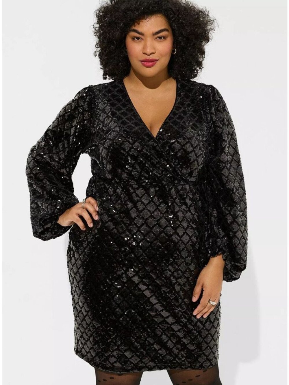 Torrid Black Sequin Surplice Mini Dress Size 22 Long Sleeve and Pockets New - Picture 2 of 12